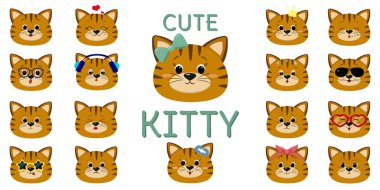 Şirin Kızıl şeritli kedi, mega set farklı duygular. Karikatür tarzı, düz tasarım, vektör çizim