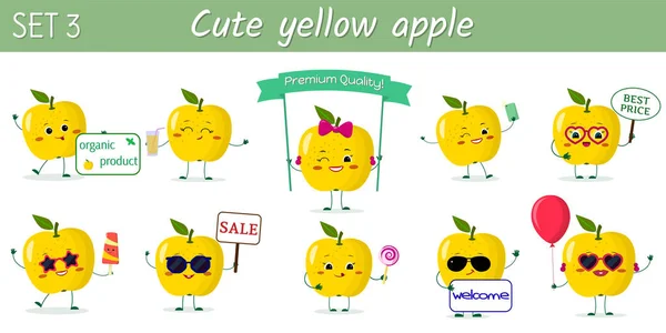 Conjunto de diez lindos personajes de manzanas amarillas kawaii en varias poses y accesorios en estilo de dibujos animados. Ilustración vectorial, diseño plano — Vector de stock