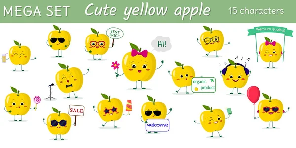 Mega set di quindici simpatici kawaii giallo mele personaggi in varie pose e accessori in stile cartone animato. Illustrazione vettoriale, design piatto — Vettoriale Stock