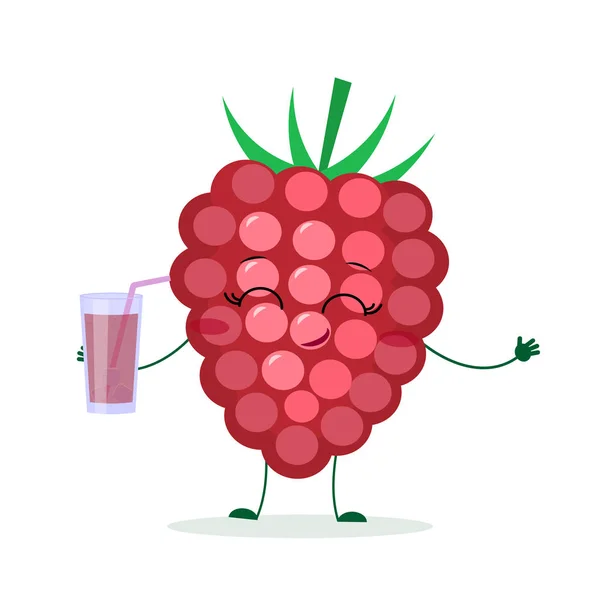 Słodkie dojrzałe maliny owoce leśne kreskówka trzyma kieliszek z soku. Logo, szablon, projektowanie. Ilustracja wektorowa, płaski — Wektor stockowy