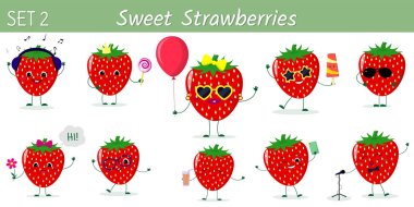 On şirin kawaii tatlı çilek karakter çeşitli pozlar ve aksesuarları, karikatür tarzı kümesi. Logo, şablon, tasarım. Vektör çizim, düz tasarım