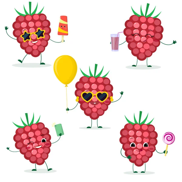 Beş olgun ahududu bir dizi karikatür tarzı Smiley berry. Dondurma, lolipop, suyu, selfie telefon ile ile ile bir balon ile gözlüklü. Düz, vektör çizim — Stok Vektör