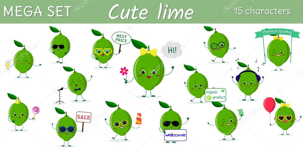Mega set of fifteen cute kawaii lime characters in various poses and accessories in cartoon style. . Logo, template, design. Vector illustration, flat design