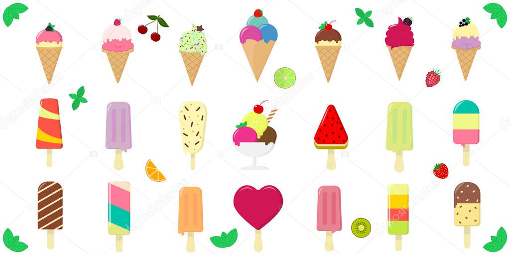 Mega set collection of twenty-one types of various sweet ice-cream, in a waffle cup and on a stick, juicy fruits and berries on a white background and text. Flat style vector illustration