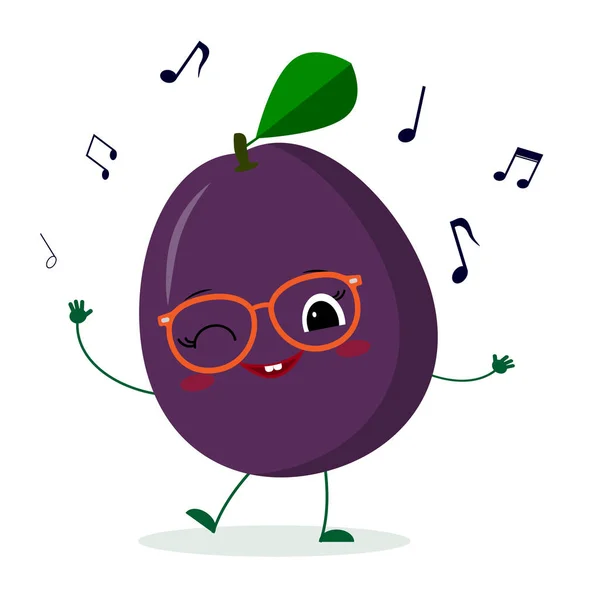 Kawaii cute Plum paars fruit cartoon karakter in glazen dansen op muziek. Logo, sjabloon, ontwerp. Vector illustratie, een platte stijl — Stockvector