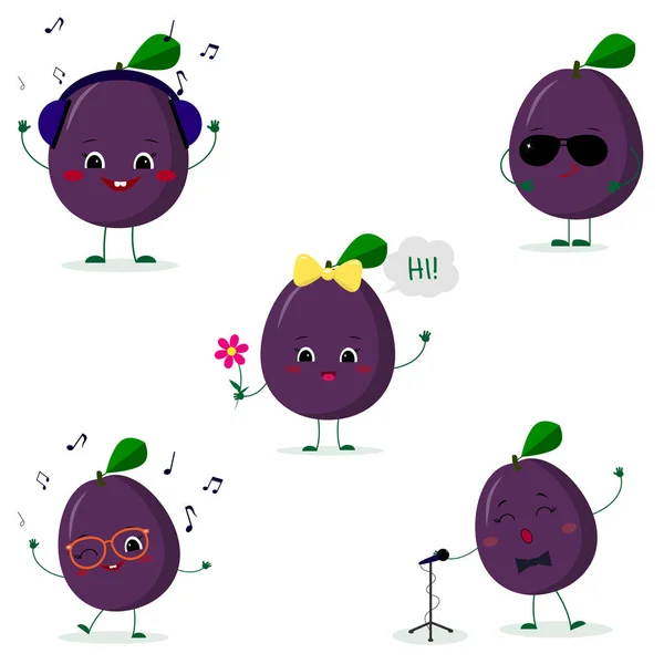 Un conjunto de cinco Kawaii lindo ciruela fruta púrpura en un estilo de dibujos animados. En auriculares, en gafas de sol, bailando en gafas, con una flor, cantando en el micrófono. Plano, ilustración vectorial — Vector de stock