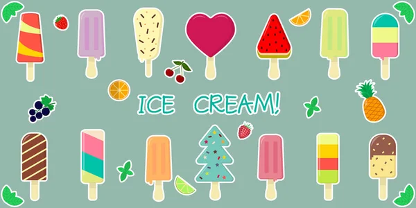 A set of fourteen stickers of various sweet ice cream, with fruit and chocolate flavor on a stick, juicy fruits and berries in a white stroke on a green background and text. Flat style vector — Stock Vector