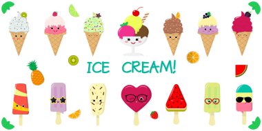 On dört sevimli kawaii karakter gülümseme dondurma bir dizi, bir waffle fincan ve bir sopa, sulu meyve ve çilek beyaz bir arka plan ve metin üzerinde. Düz stil vektör çizimi