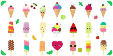 Mega yirmi bir sevimli kawaii karakter gülümseme dondurma seti, bir waffle fincan ve bir sopa, sulu meyve ve çilek beyaz bir arka plan ve metin üzerinde. Düz stil vektör çizimi