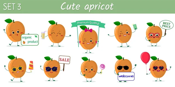 Set of ten cute kawaii ripe apricot characters in various poses and accessories in cartoon style. Vector illustration, flat design — Stock Vector
