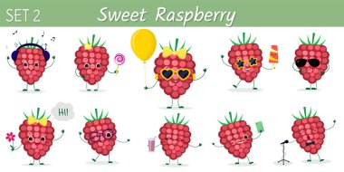 Karikatür tarzında çeşitli pozlar ve aksesuarlar on sevimli kawaii çilek ahududu karakterleri ayarlayın. Vektör illüstrasyon, düz tasarım