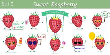 Karikatür tarzında çeşitli pozlar ve aksesuarlar on sevimli kawaii çilek ahududu karakterleri ayarlayın. Vektör illüstrasyon, düz tasarım