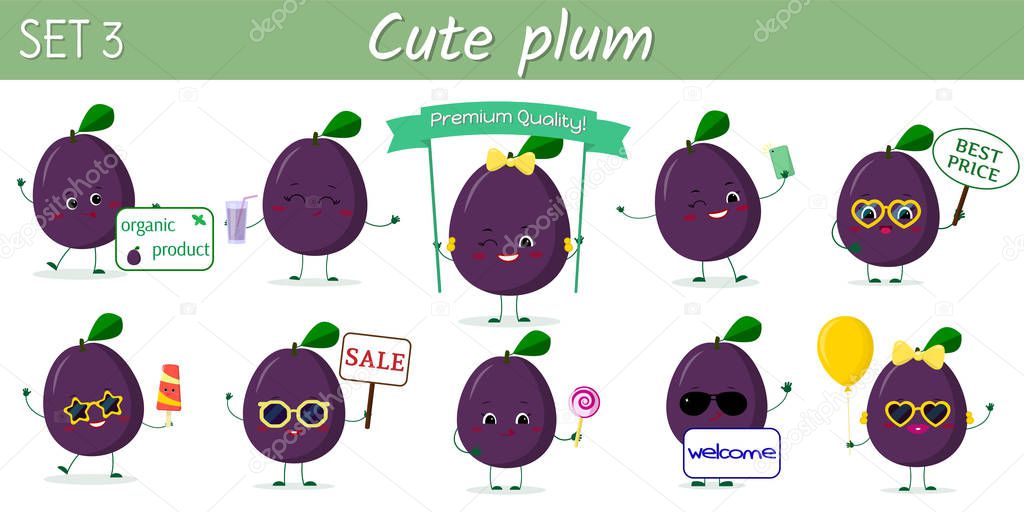Set of ten cute kawaii ripe plum characters in various poses and accessories in cartoon style. Vector illustration, flat design