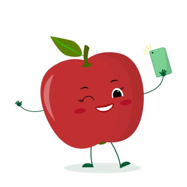 Bir akıllı telefon ile sevimli kırmızı elma çizgi film karakteri ve selfie yok. Vektör illüstrasyon, düz bir stil