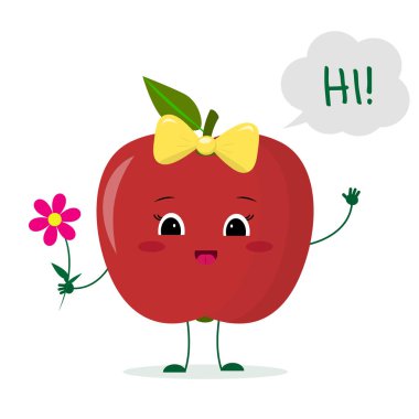 Bir çiçek tutan pembe bir yay ile Sevimli kırmızı elma çizgi film karakteri ve ağırlıyor. Logo, şablon, tasarım. Vektör illüstrasyon, düz bir stil