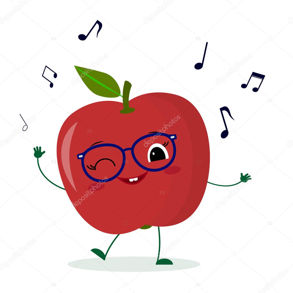 Cute red apple cartoon character in glasses dances to music. Logo, template, design. Vector illustration, a flat style