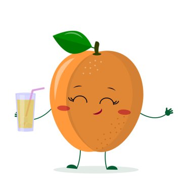 Sevimli olgun kayısı çizgi film karakteri suyu ile bir bardak tutan. Logo, şablon, tasarım. Vektör illüstrasyon, düz stil