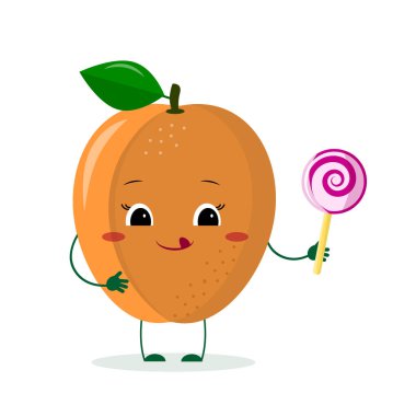 Lolipop ile şirin olgun kayısı çizgi film karakteri. Logo, şablon, tasarım. Vektör çizim, düz bir stil