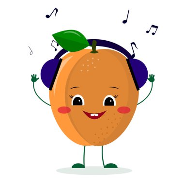 Karikatür tarzında sevimli olgun kayısı karakteri kulaklık müzik dinlerken. Logo, şablon, tasarım. Vektör illüstrasyon, düz bir stil