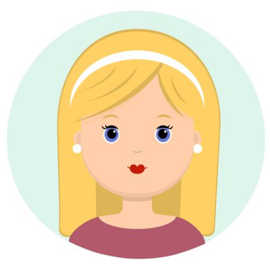 Sarı uzun saçlı ve çerçeveli güzel genç bir kadın. Modern moda portresi, saç modeli salon, vektör simgesi, beyaz arka plan üzerinde izole.