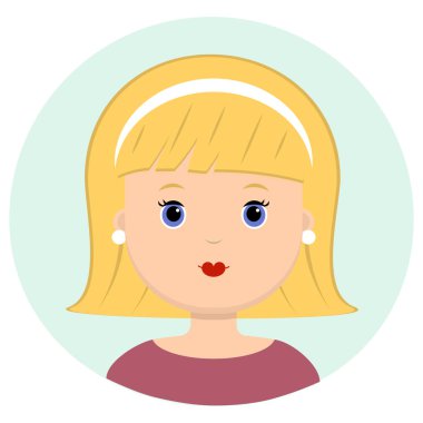 Sarı kısa saçlı ve çerçeveli güzel genç bir kadın. Modern moda portresi, saç modeli salon, vektör simgesi, beyaz arka plan üzerinde izole.