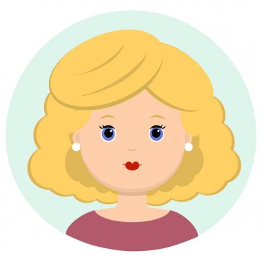 Sarışın kıvırcık saçlı genç ve güzel bir kadın. Modern moda portresi, saç modeli salon, vektör simgesi, beyaz arka plan üzerinde izole.