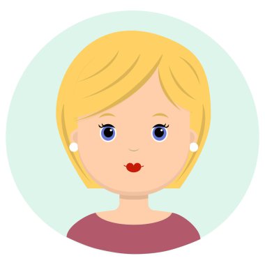 Sarı saçlı, kısa boylu genç ve güzel bir kadın. Modern moda portresi, saç modeli salon, vektör simgesi, beyaz arka plan üzerinde izole.