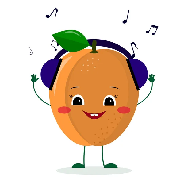 A cute ripe apricot character in cartoon style listening to music on headphones. Logo, template, design. Vector illustration, a flat style — Stock Vector