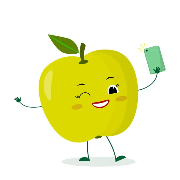 Kawaii aranyos zöld alma gyümölcs rajzfilmfigura egy okostelefon, és nem selfie. Logó, sablon, design. Vektoros illusztráció, egy sík stílusú — Stock Vector