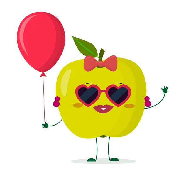 Kawaii bonito verde maçã fruta desenho animado personagem óculos de sol corações e brincos. Tem um balão de ar vermelho. Logotipo, modelo, design. Ilustração vetorial, um estilo plano — Vetor de Stock