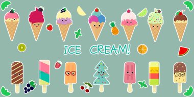 On dört çıkartmalar dondurma sevimli kawaii karakter gülümseme bir dizi, bir waffle fincan ve bir sopa, sulu meyve ve çilek yeşil bir arka plan ve metin üzerinde beyaz bir vuruş. Düz stil vektör çizimi