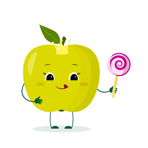 Kawai aranyos zöld alma gyümölcs rajzfilmfigura a koronát egy nyalóka. Logó, sablon, design. Vektoros illusztráció, lapos stílus — Stock Vector