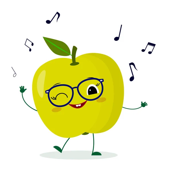 Kawaii aranyos zöld alma gyümölcs rajzfilmfigura a szemüveg táncot a zenét. Logó, sablon, design. Vektoros illusztráció, egy sík stílusú — Stock Vector