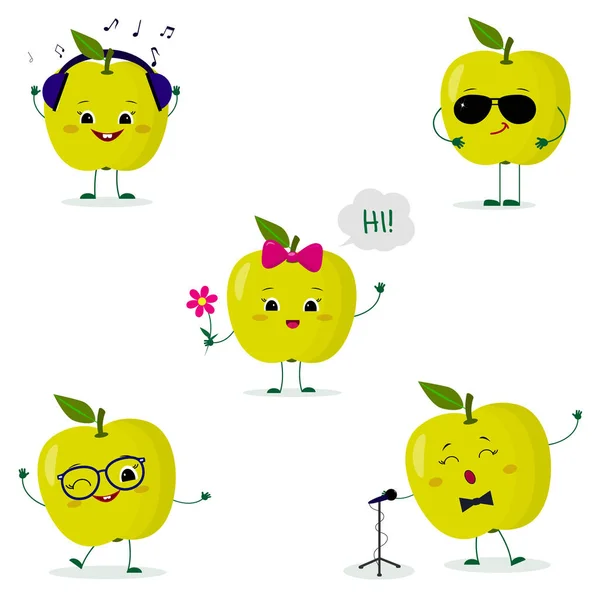 Egy sor öt Kawaii aranyos zöld alma gyümölcsöt egy rajzfilm stílusban. A fejhallgató, napszemüveg, táncoló szemüveg, egy virág, énekel a mikrofonba. Síkképernyő, vektoros illusztráció — Stock Vector