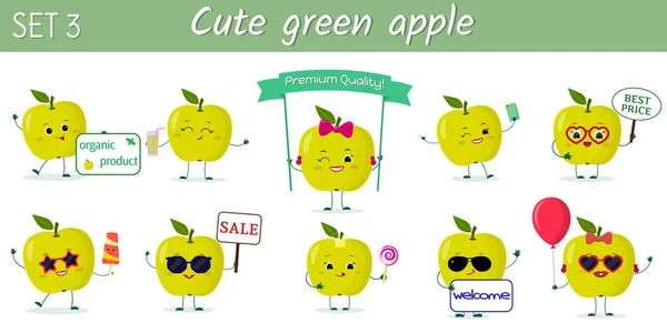 Karikatür tarzında çeşitli pozlar ve aksesuarlar on sevimli kawaii yeşil elma meyve karakterleri ayarlayın. Vektör illüstrasyon, düz tasarım — Stok Vektör