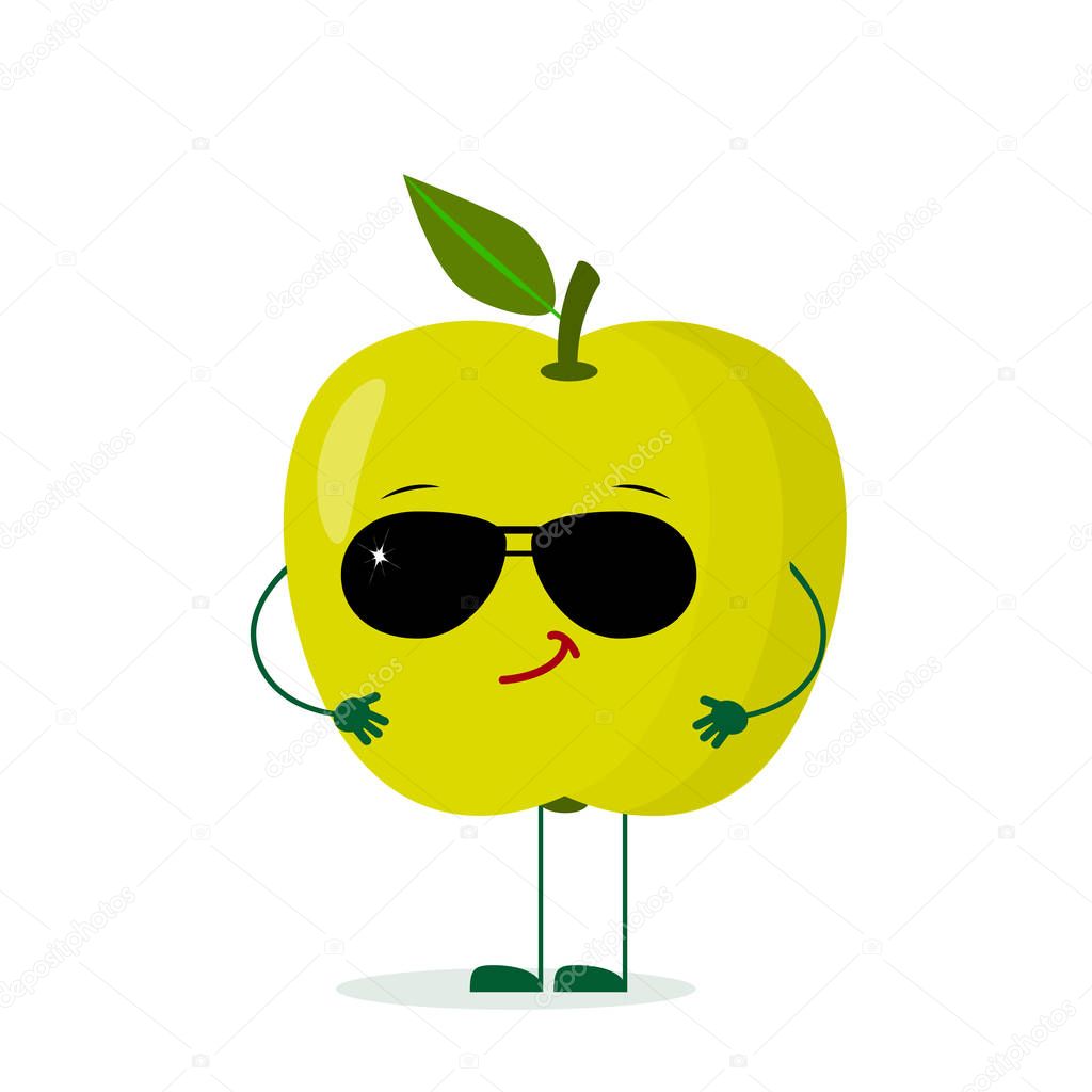 Kawaii cute green apple fruit character in the style of a cartoon in sunglasses. Logo, template, design. Vector illustration, a flat style.