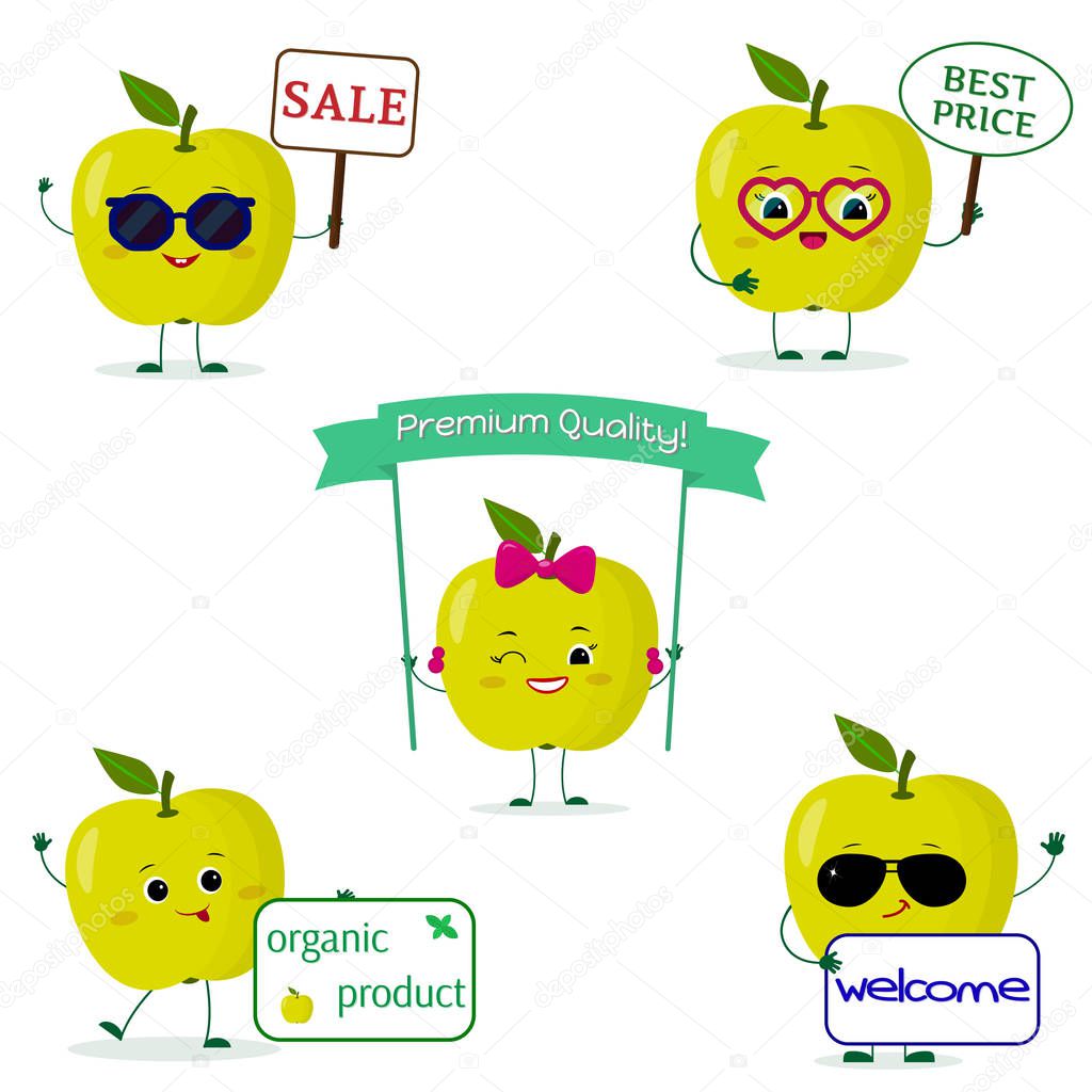 A set of five Kawaii cute green apple fruit in cartoon style. With different plates and glasses. Logo, template, design. Flat, Vector illustration
