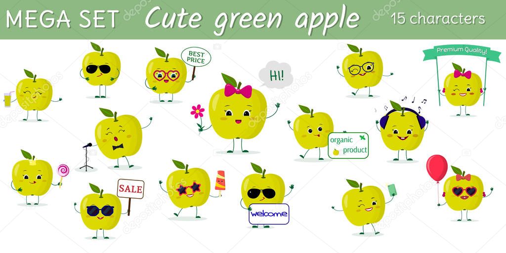 Mega set of fifteen cute kawaii green apples fruit characters in various poses and accessories in cartoon style. Vector illustration, flat design