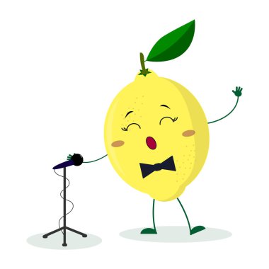 Kawai sevimli meyve limon şarkıcı bir papyon ile mikrofona şarkı. Çizgi film tarzı karakter. Logo, şablon, tasarım. Vektör illüstrasyon, düz stil