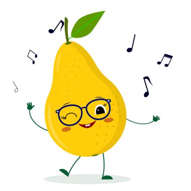 Kawaii sevimli sarı armut meyve çizgi film karakteri gözlük müzik dansları. Logo, şablon, tasarım. Vektör illüstrasyon, düz bir stil