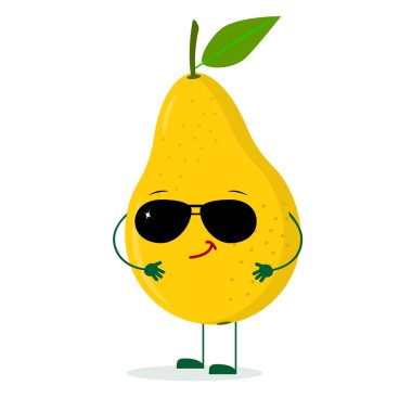 Güneş gözlüğü bir karikatür tarzında Kawaii sevimli sarı armut meyve karakteri. Logo, şablon, tasarım. Vektör illüstrasyon, düz bir stil