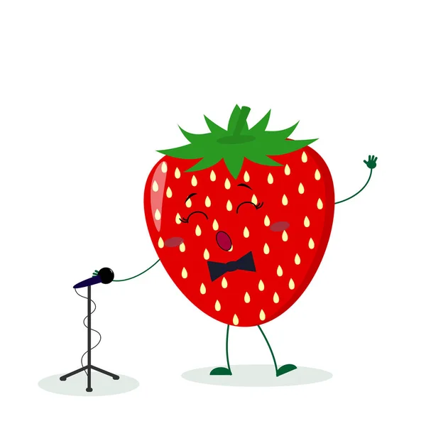 Kawai söt jordgubbs ångare med fluga sjunger i mikrofonen. Tecknad stil karaktär. Logo typ, Mall, design. Vektor illustration, platt stil — Stock vektor