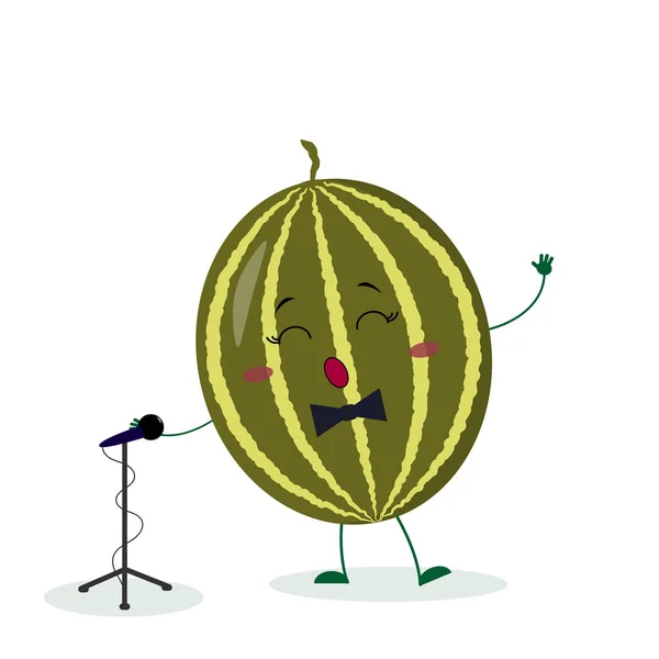 Kawai cute fruit watermelon singer with a bow tie sings into the microphone. Cartoon style character. Logo, template, design. Vector illustration, flat style
