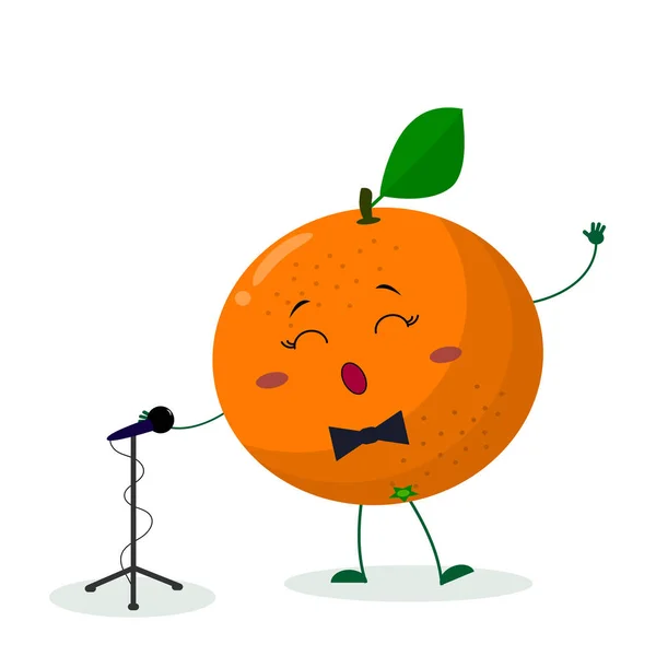 Kawai süße fruchtorangefarbene Sängerin mit Fliege singt ins Mikrofon. Zeichentrickfigur. Logo, Vorlage, Design. Vektor-Illustration, flacher Stil — Stockvektor