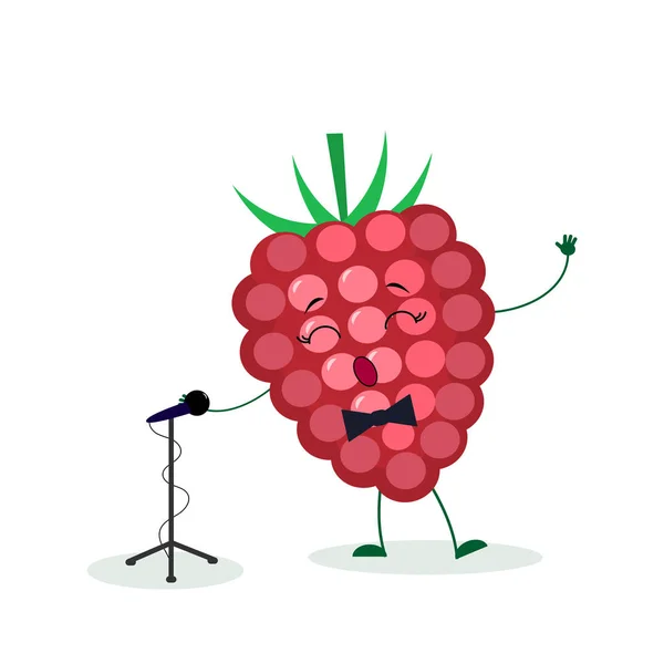 Kawai cute maliny piosenkarka z muszką śpiewa do mikrofonu. Postać w stylu kreskówek. Logo, szablon, Design. Ilustracja wektorowa, płaski styl — Wektor stockowy