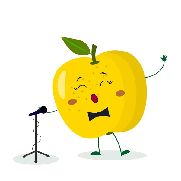 Kawai linda fruta amarilla manzana cantante con una pajarita canta en el micrófono. Personaje estilo de dibujos animados. Logo, plantilla, diseño. Ilustración vectorial, estilo plano — Archivo Imágenes Vectoriales