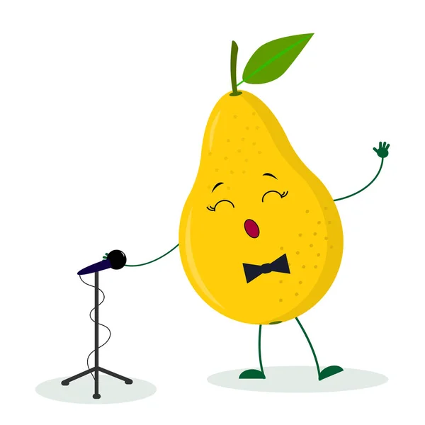 Kawai süße Fruchtbirnen-Sängerin mit Fliege singt ins Mikrofon. Zeichentrickfigur. Logo, Vorlage, Design. Vektor-Illustration, flacher Stil — Stockvektor