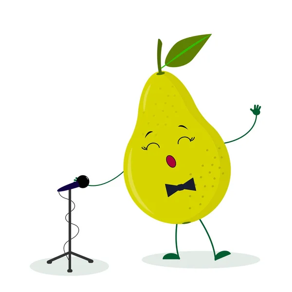 Kawai bonito cantor de pêra verde fruta com um laço canta no microfone. Personagem de desenho animado estilo. Logotipo, modelo, design. Ilustração vetorial, estilo plano — Vetor de Stock