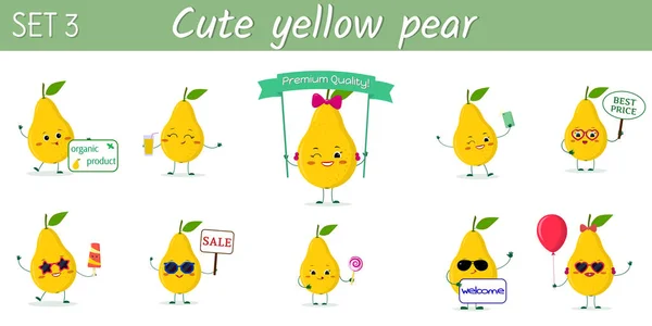 Karikatür tarzında çeşitli pozlar ve aksesuarlar on sevimli kawaii sarı armut meyve karakterleri ayarlayın. Vektör illüstrasyon, düz tasarım — Stok Vektör