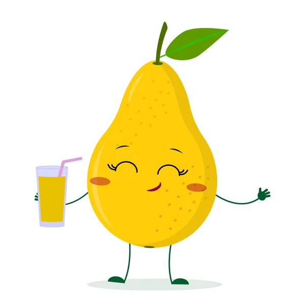 Кавайи милый желтый груша фрукты мультфильм персонаж держит стакан с соком. Логотип, шаблон, дизайн. Векторная иллюстрация, плоский стиль — стоковый вектор
